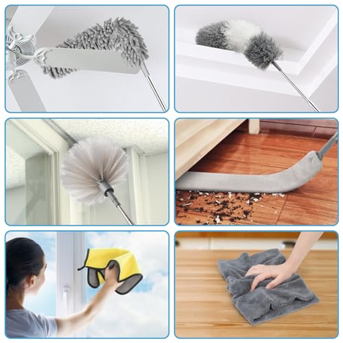 Microfiber Duster Kit 25pcs with 30 to 100 Inches Extension Pole and Baseboard Cleaner Tool, Washable and Bendable Feather Duster for Cleaning Ceiling Fans, High Ceilings, Cobwebs, Blinds,Grey - size: 25pcs