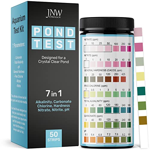 JNW Direct Pond Water Test Kit for Ponds - 7 in 1 Test Strips [50 Pack] | Includes 50 pond test strips for pH, chlorine, nitrite, nitrate, hardness and alkalinity with fast accurate results.