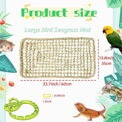 Large Bird Seagrass Mat 24 × 14 ''Natural Seagrass Woven Bird Net Hammock Climbing Rope Ladder with Hooks Chew Toy for Parrot Guinea Pig Lovebird Cockatiel Pigeon - size: 2Pcs 23.6" × 13.8"