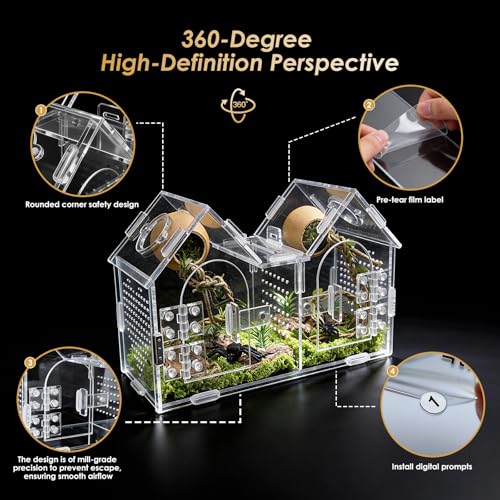 Jumping Spider Enclosure, Acrylic Terrarium with Partition Divider (1-2 Compartments), Dual Magnetic Doors & All-Side Ventilation, Jumping Spiders, Tarantulas, Mantis, GeckosHabitat, 9.6x4.2x5.8