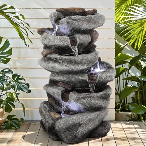 20" H Rock Outdoor Water Fountain with LED Lights | Unique 5-Tier Cascading Waterfall for Garden Patio Yard, Weather-Resistant Polyresin Water Feature for Tranquil Zen Oasis - color: 20"h-rock Gray