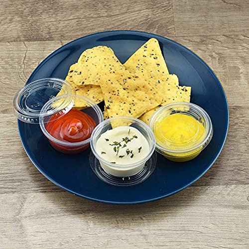 DuraHome Plastic Portion Cups with Lids 2 oz. Pack of 150 Leakproof Jello Shot Cup Mini Containers for Salad Dressing Sauce Condiment Snack Souffle and Salsa, Disposable - style: 150 Sets - 2oz.
