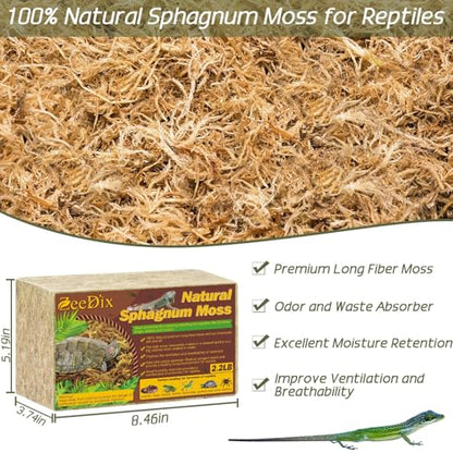 2.2 LB Long Fiber Sphagnum Moss for Reptiles, 50 QT Terrarium Moss | Natural Dried Moss for Snakes Turtles Frogs Geckos Ball Pythons Bearded Dragons Lizards Tank Accessories, Moisture Retention - size: 2.2 LB