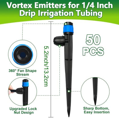 50 Pieces Drip Irrigation Emitters, Adjustable 360 Degree Drip Vortex Emitters on 5" with Stake for 1/4" Drip Irrigation Tubing Irrigation Fan Shape Drippers for Garden Watering System - size: Vortex Emitters - 50 Pieces
