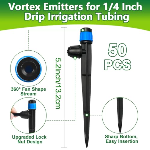 50 Pieces Drip Irrigation Emitters, Adjustable 360 Degree Drip Vortex Emitters on 5" with Stake for 1/4" Drip Irrigation Tubing Irrigation Fan Shape Drippers for Garden Watering System - size: Vortex Emitters - 50 Pieces