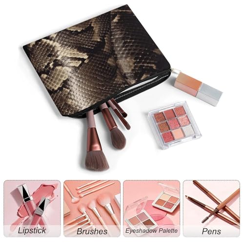 Snake Skin Makeup Bag for Women, Cosmetic Bag Portable with Zipper, Travel Toiletry Bag for Cosmetics Makeup Brushes