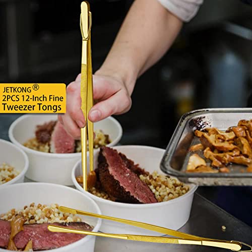 JETKONG 2 Pcs 12-Inch Cooking Tweezers Stainless Steel Food Tweezers Kitchen Tweezer Tongs (Gold) - color: Gold, size: 12+12 Inch