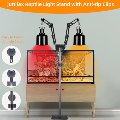 Dual Reptile Heat Lamp Stand, Adjustable Reptile Light Stand | 15.7-74.3inch, with 360° Swing Arm and Anti-tip Clip, Lamp Holder for Terrarium, Amphibians Cage and Plants