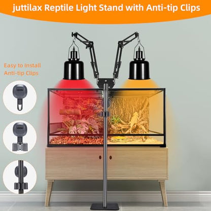 Dual Reptile Heat Lamp Stand, Adjustable Reptile Light Stand | 15.7-74.3inch, with 360° Swing Arm and Anti-tip Clip, Lamp Holder for Terrarium, Amphibians Cage and Plants