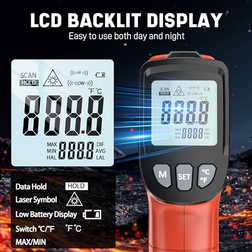 Infrared Thermometer Gun, Infrared Temperature Gun for Cooking, Laser Thermometer Gun -58℉~1076℉ with Adjustable Emissivity & Max/Min, Suitable for Industry, ovens, HVAC (Not for Human) - color: Red