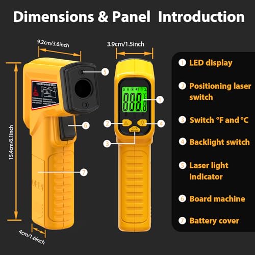 FKM Infrared Thermometer Gun Non-Contact Laser Temperature Gun -58°F~986°F | (-50°C~530°C) Adjustable Emissivity,Digital Thermometer Gun for Cooking,Oven,Griddle,Automotive,HVAC,Industrial,Not for Human - color: Yellow