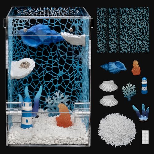 Jumping Spider Enclosure Starter Kit,Escape Proof Ocean Terrarium | Praying Mantis Terrariums,Transparent Acrylic Complete Bug Habitat,All In One Arboreal Tarantula Cribs Cage,Insect Container - color: Blue, size: Small