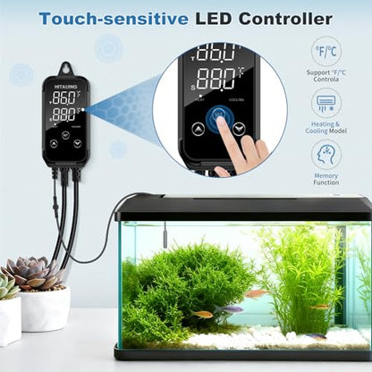 HiTauing Digital Temperature Controller, Aquarium Heater Reptile Thermostat Heating and Cooling Dual Outlet with Seawater-Resistant Probe for Fish Tanks, Reptile Tanks, Greenhouse & Seedling Mat