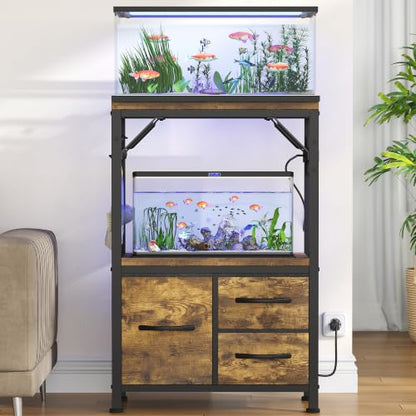 Heybly 5-10Gal Fish Tank Stand with Drawer, Power Outlet,200lbs HAS002SSR-1 | Aquarium Stand,Heavy Duty Metal Frame for Fish Tank, Turtle & Reptile Terrarium, 20.5" × 10.2" Top, Rustic Brown - color: Rustic Brown, size: 5-10 gal