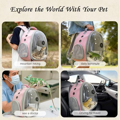 Back Extention Bearded Dragon Travel Backpack Carrier with Reptile Thermometer and Humidity Gauge Lizard Travel Cage Space Capsule Clear Bubble Window Astronaut Reptile Carrier Bag for Ball Python - color: Pink