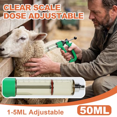 50ml Semi-Auto Repeating Livestock Syringe Gun, 5 Dose Settings | Ergonomic Grip, Clear Barrel & Luer Lock, Vet Injector for Cattle, Horses, Goats, Sheep & Pigs - color: Green50ML