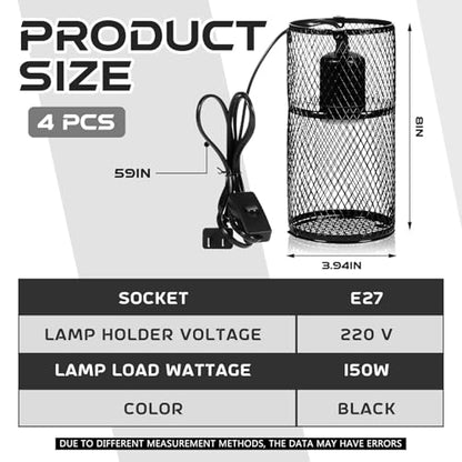 4 Pcs 4 Inch Reptile Heat Lamp Guard Anti Scald,Black, Black | Heating Lamp Holder, Mesh Cage, with 150w Ceramic Heat Emitter, Basking Anti Scald, Reptile Lizard Protection, Without Bulb - color: Black, Black