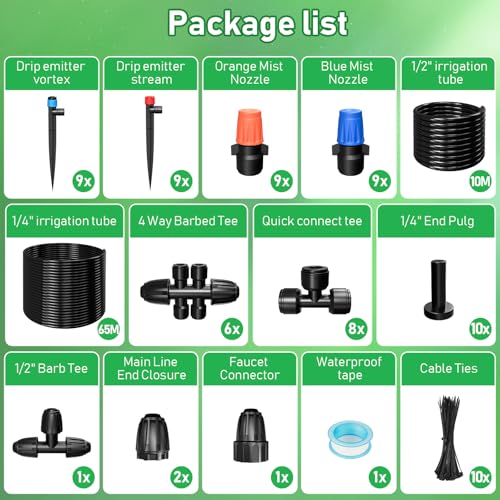 246FT Drip Irrigation System, Automatic Drip Irrigation Kit with 1/2" Main Tube & 1/4" Branch Tubing, Adjustable Drip Emitters, Garden Watering System for Flower Bed, Raised Beds, Lawn, Greenhouses - size: 33FT Main Tube+ 213FT 1/4'' Tube