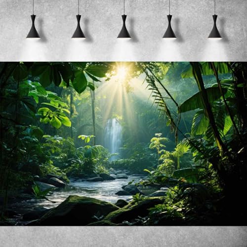 Jungle Aquarium Background Waterfall Lush Green Jungle Plants Terrarium Background Stream Big Rocks with Moss Fish Tank Background Natural Jungle Forest Landscape Aquarium Backdrop Vinyl 24x12in - color: Leaf Green, size: 24(W)x12(H)in