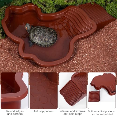 3 PCS Tortoise Water Dish Reptile Bathing Pool with Removable Ramp and Leaf Reptile Food Dish & Water Bowl Tortoise Habitat Accessories for Turtle, Gecko, Snake, Bearded Dragon, Lizard