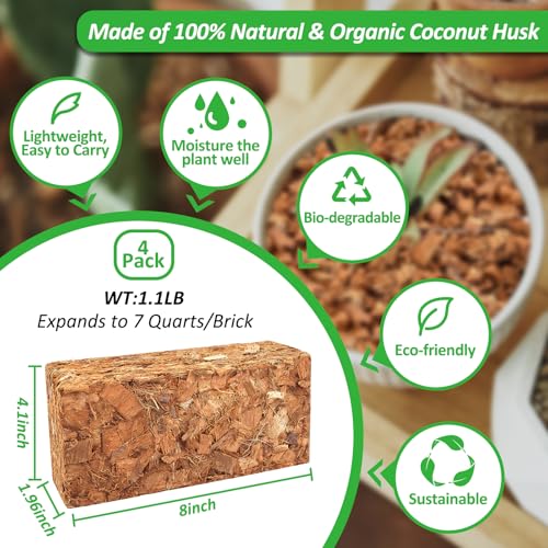 Riare 4 Pack Organic Coco Coir Chips for Plants, 4.4 lb Coconut Husk Bricks | Low EC & pH-Balanced Coco Husk Substrate with Drainage & Aeration, High-Expansion Mulch for Landscaping, Orchids & Soil Mix - size: 4 Pack