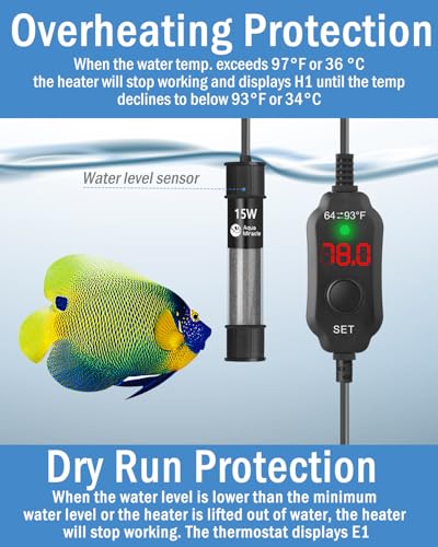 AquaMiracle Aquarium Heater 15W Fish Tank Heater for 1-3 Gal Tanks, LED Digital Display Thermostat Turtle Heater with Out-of-Water Auto Shut-Off, Overheat Protection & Memory Function - size: For 1-3 Gal Tank