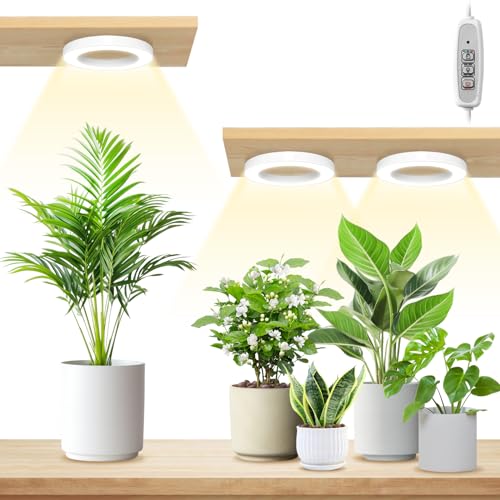 LORDEM 6.3” Ceiling Grow Lamp for Indoor Plants, 216 LEDs Full Spectrum Halo Plant Light, Under Cabinet Grow Lights with 4/8/12H Auto Timer, 3 Switch Modes, 4 Dimmable Brightness Levels, Tri Head - color: Triple Light--White