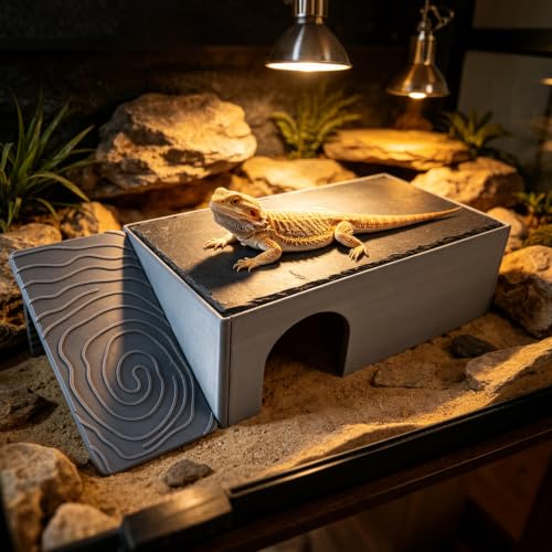 3 in 1 Reptile Basking Platform for Bearded Dragon, Leopard Gecko | Large Reptile Hides and Caves, with Adjustable Climbing Ramp & Heat Absorbing Slate Rock, 12.2×6.3×3.9 Inch