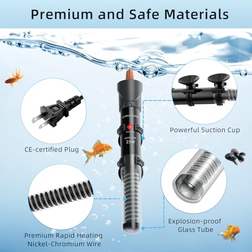 HiTauing Aquarium Heater 25W/50W/100W/200W/300W, Adjustable Knob Fish Tank Heater with Digital Thermometer, Submersible Betta/Turtle Tank Heater for Freshwater and Saltwater Tanks - size: 25W for 1-5 gallon