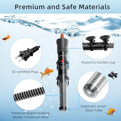 HiTauing Aquarium Heater 25W/50W/100W/200W/300W, Adjustable Knob Fish Tank Heater with Digital Thermometer, Submersible Betta/Turtle Tank Heater for Freshwater and Saltwater Tanks - size: 25W for 1-5 gallon