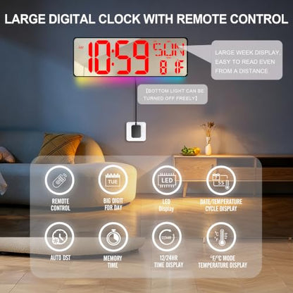 17.2-Inch Large Mirror Digital Wall Clock with Remote Control, RGB Mood Light, Extra-Large LED Display, Auto Dimming,Date, Day, Temp, Countdown Timer for Home, Gym, Office and Classroom (Red) - color: Red