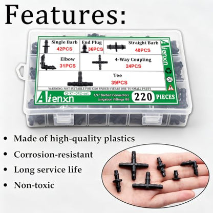 220PCS 1/4" Drip Irrigation Kit Barbed Connectors, Straight Barb, Tee, Single Barb, End Plug, Elbow, 4 Way Coupling Irrigation Fittings for Garden Lawn Flower Pot - size: 220PCS- Barbed Connectors