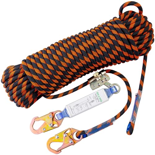 DIJJIG Rope Harness Safety Lanyard 25ft Vertical Roofing Rope With Grab Snap Hooks Shock Absorber Fall Protection Tree Climbing Line Kit Heavy Duty Roof Safety Equipment ANSI CE - style: 25ft