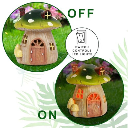 Miniature Fairy Garden Mushroom House – Resin Fairy House Statue with LED Light, Cute Mushroom Decor for Patio, Tiny Home Terrarium or Outdoor Yard Decor - Miniature Figurines and Garden Accessories