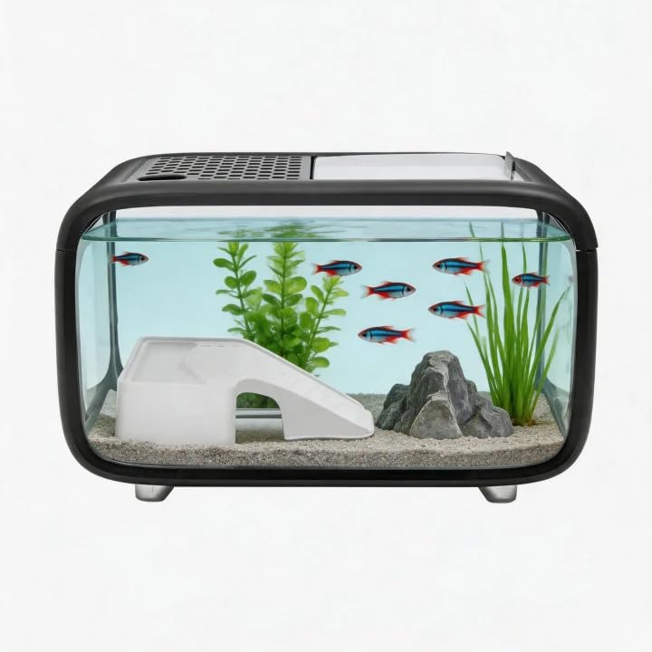 Desktop Fish Tank, 3.2Gal Small Betta Fish & Turtle Tanks, Aquarium Bowl with Detachable Basking Platform, Multi-Functional Areas Aquascape Tanks for Fish Terrapin Frog Shrimp Crab (Black) - color: Black