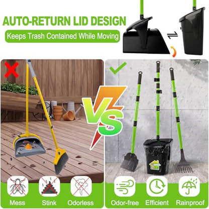 Pooper Scooper - 38" Long Adjustable Metal Handle Dog Pooper Scooper Swivel Bin & Rake & Spade with 50 Bags Attachment, Portable Heavy Duty Dog Poop Scooper for Yard Dogs Large Medium Small