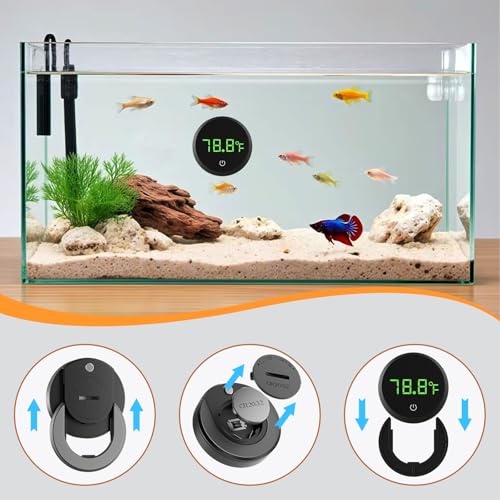 Carefree Fish Aquarium Removable Thermometer Digital Cordless Replaceable Battery LED Display Temperature Measurement Error ±0.9℉(US Patent Number:D1038779S)