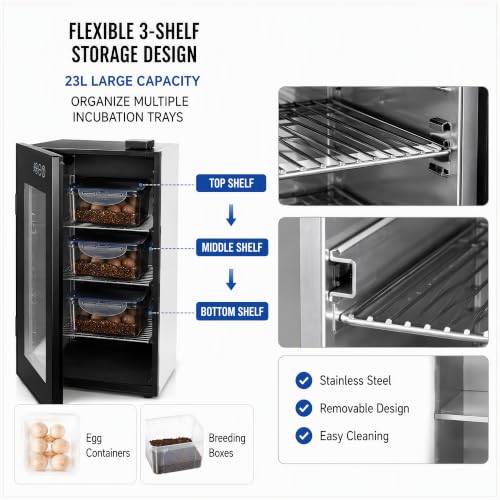 Reptile Incubator 23L Egg Incubator with Humidity Control Cooling Heatin | 10-40℃ Smart Cooling & Heating, 32dB Ultra-Quiet, 3 Removable Shelves, Galvanized Steel Build, For Snake Lizard Gecko Egg