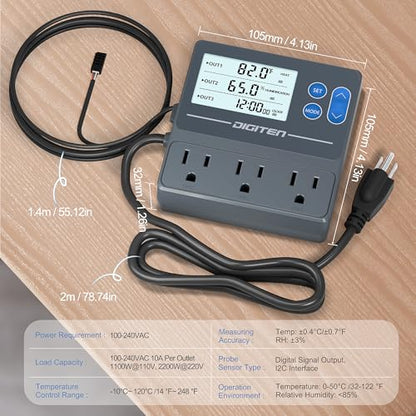 DIGITEN Reptile Temp & Humidity Controller with Timer Outlet | Temperature Control, Humidity Control, Timer, 3-Stage Outlet, Day-night Thermostat For Reptile, Mushroom, Homebrew