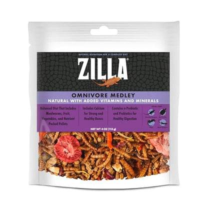Zilla Pet Reptile Omnivore Food Medley Diet, 4 oz | Nutritious fruit, vegetable and insect blend for omnivorous reptiles