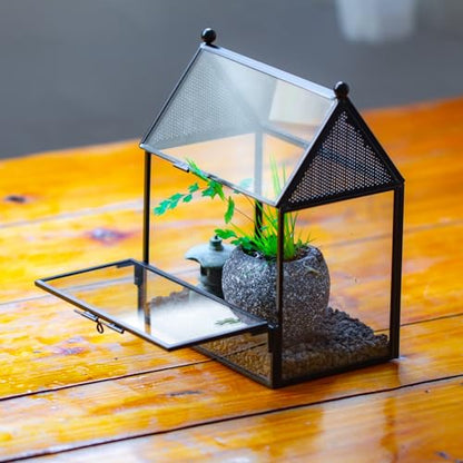 NCYP Small Glass Enclosure with Mesh for Jumping Spiders - 5.8" x 3.8" x 7" Micro House Shaped Small Spiders Vented Glass Terrarium, Home Decor Black (Glass Terrarium Only) - size: 5.8" x 3.8" x 7"