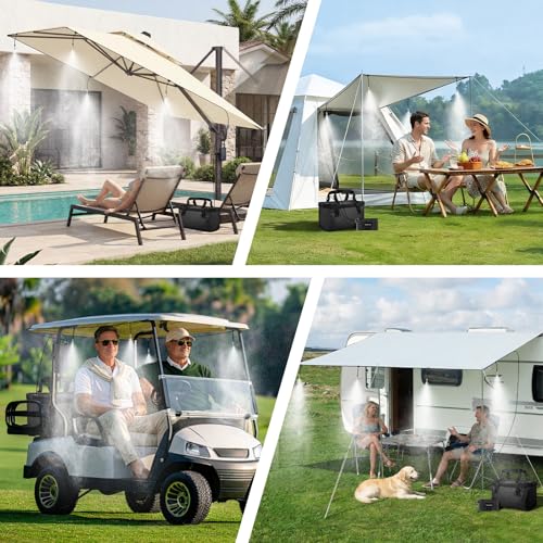 Portable Misting System, 12,000mAh Pump | 20L Water Bucket, Misting Hose, 4 Brass Nozzles, Outdoor Cooling Misters for Canopy Camping Golf Cart Dugout - size: with Hanging Mister