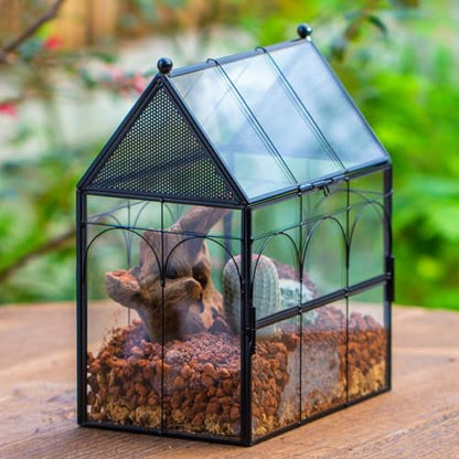 NCYP Glass Enclosure with Vent Holes for Jumping Spiders, Praying Mantis, Small Insect - 7.5" x 4.9" x 9" Front Opening Door Vented Glass Terrarium - House Shape, Home Decor, Black (Terrarium Only) - size: 7.5" x 4.9" x 9"