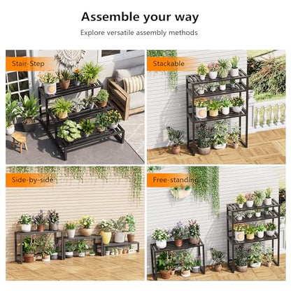 Metal Heavy Duty Plant Stand Indoor Outdoor,3 Tier Ladder Plant Stands Riser,Wrought Iron Plant Shelves for Multi Large Pots,Black Tiered Flower Display Holder for Living Room,Patio,1-Pack