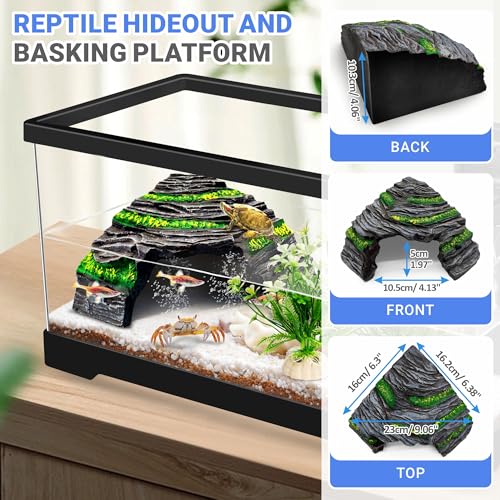 GOZILLA Turtle Tank, Upgrade PC Turtle Tank Starter Kit, Resin Hideout Habitat, Basking Platform, Bottom Drainage for Turtles, Crabs, Shrimps and Other Small Reptiles. (15.75x7.9x9''/Black) - color: Black-Tank Hideout