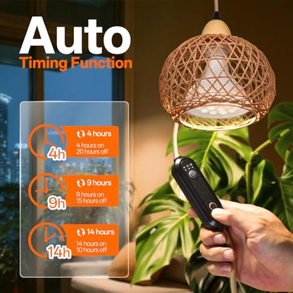 Hanging Grow Light for Indoor Plants 18W | Full Spectrum Plant Light, With 4H/9H/14H Timer, Boho Rattan Shade, 3800K Hanging Lights for Indoor Plants - size: Rattan Lantern-Hanging
