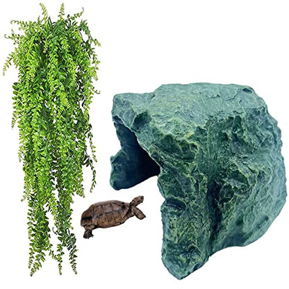 kathson Reptile Rock Hideout Cave,Tortoise Hide Caves,Resin Hides Shelter,Reptile Green Plant Decoration Habitat Decor Terrarium Accessories for Lizards Bearded Dragon Gecko Turtles Spiders - style: hideout