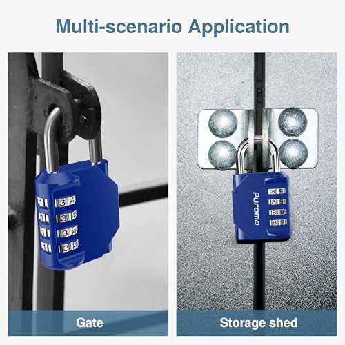 Puroma 1 Pack Combination Lock Locker 4 Digits Combo Padlock Gym Blue | For School Gate Fence Toolbox Hasp Storage, Outdoor, Resettable, Weatherproof, Side Window, Crack Cut Resist, Hardened Steel - color: Blue