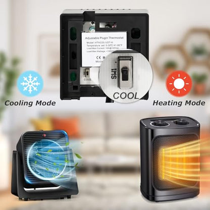 Adjustable Thermostat, Briidea Plug in Heating & Cooling Thermostat with LED Indicator, Compatible with Space Heater, Window Air Conditioners, Fans, Ideal for Household, Reptile, Greenhouse, Black - color: Black