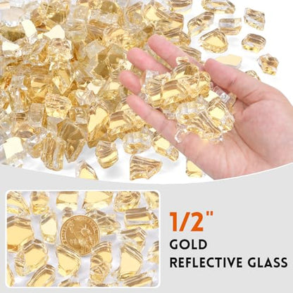 10 Pounds Fire Glass 1/2 Inch High Reflective Tempered Firepit Glass | Gold Rocks for Fireplace, Fire Pit Table, Fire Bowl and Landscaping & DIY Crafts - color: Gold, size: 1/2 inch, 10lb